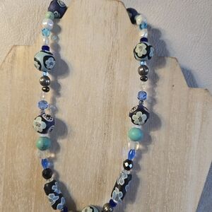 Milleflori Style Floral Beaded Necklace - Blue and Black, Silver 18" Choker